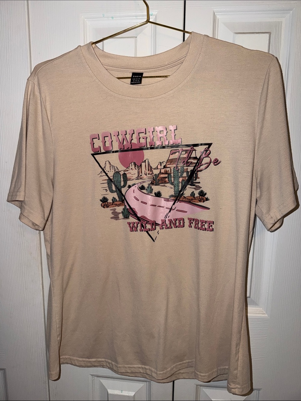 SHEIN Beige Graphic 'Cowgirl Wild and Free' Short Sleeve Tee